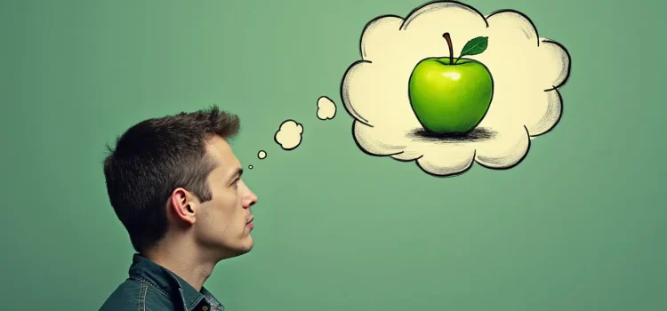 A man imagining a green apple (in a thought bubble over his head) illustrates mental representations