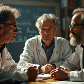 Three men in lab coats discuss germline editing ethics with a chalkboard in the background