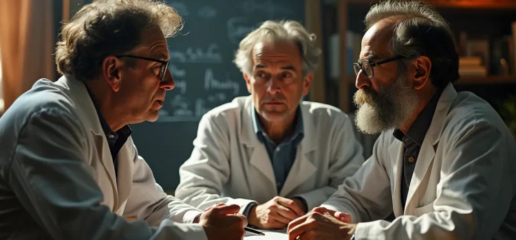 Three men in lab coats discuss germline editing ethics with a chalkboard in the background