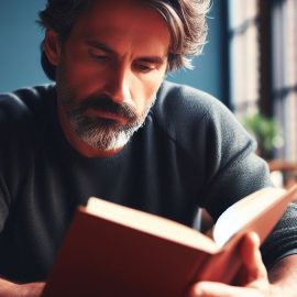 A bearded middle-aged man reading a book by a window in a cafe