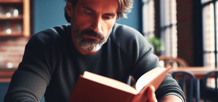 A bearded middle-aged man reading a book by a window in a cafe