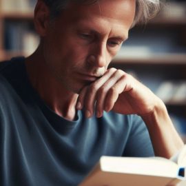 A middle-aged man holding and reading a book with a bookshelf in the background