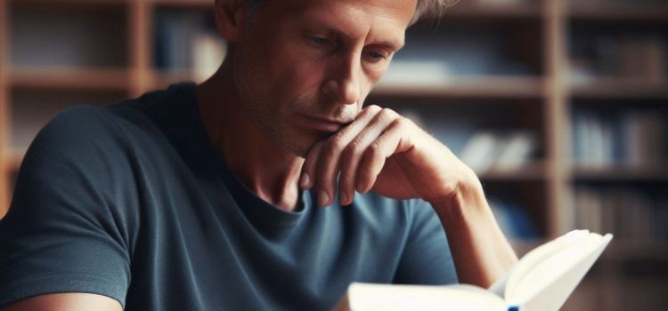 A middle-aged man holding and reading a book with a bookshelf in the background