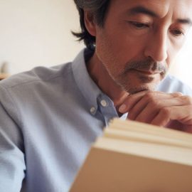 A middled-aged bearded man reading a book with shelves of books behind him