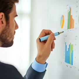 A businessman drawing up a modern business strategy on a whiteboard