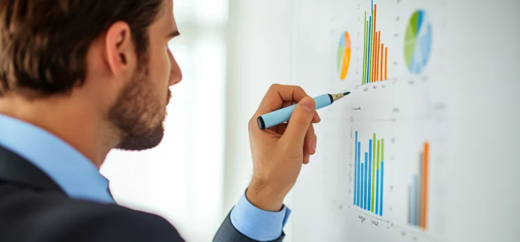 A businessman drawing up a modern business strategy on a whiteboard