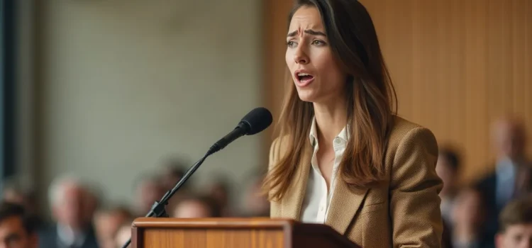 A brunette woman with public speaking nerves giving a speech in front of an audience