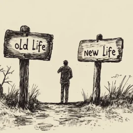 A drawing of a man standing between two signs. One reads "old life" and the other reads "new life" to signify adapting to life changes