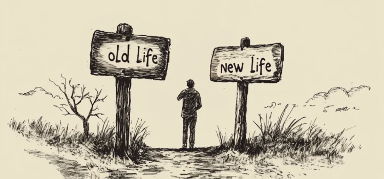 A drawing of a man standing between two signs. One reads "old life" and the other reads "new life" to signify adapting to life changes