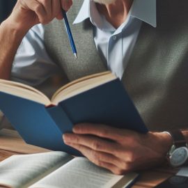 A man holding and reading a book while sitting at a desk with a cup of coffee, another book, and a plant