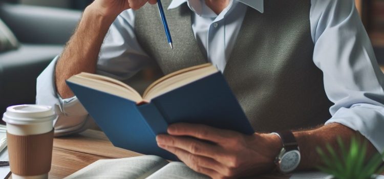 A man holding and reading a book while sitting at a desk with a cup of coffee, another book, and a plant