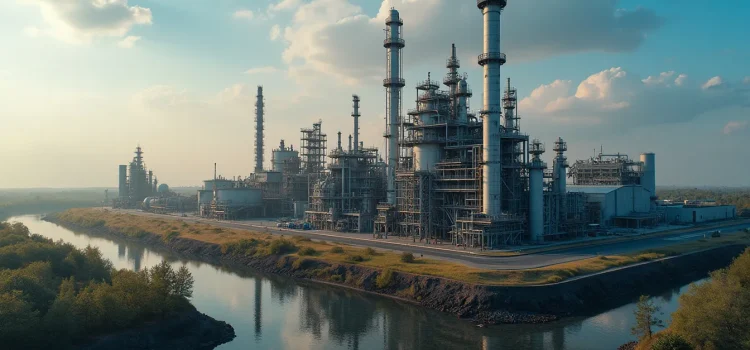 An oil refinery surrounded by water illustrates Peter Zeihan's oil analysis