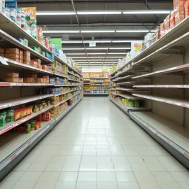 An aisle in a grocery store where shelves are almost empty depicts Peter Zeihan's famine and global food crisis prediction