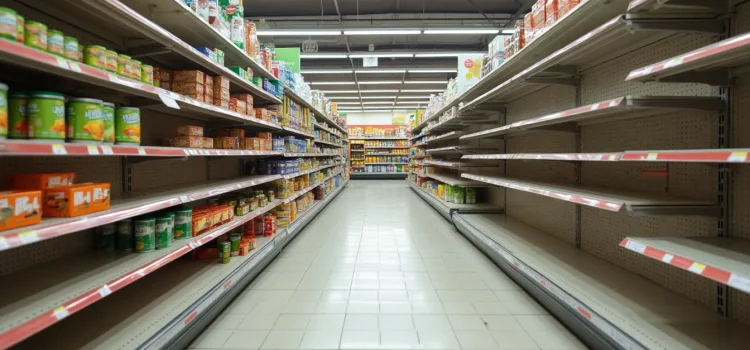 An aisle in a grocery store where shelves are almost empty depicts Peter Zeihan's famine and global food crisis prediction