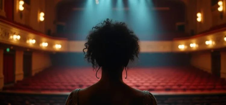 A black woman, seen in silhouette from behind, on a theatre stage looking into the spotlight