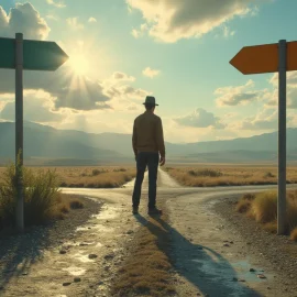 A man in a hat standing at a crossroads in the desert illustrate the importance of asking, What are your core values?