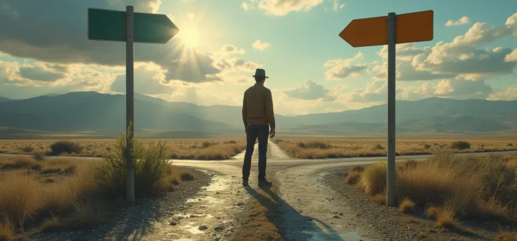 A man in a hat standing at a crossroads in the desert illustrate the importance of asking, What are your core values?