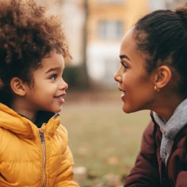 A mother talking to her daughter at eye-level, using respectful parenting communication skills