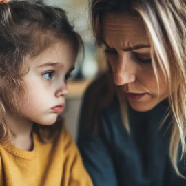 A mother calmly talking to her sad daughter in a moment of parenting conflict resolution