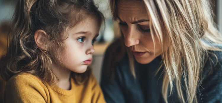 A mother calmly talking to her sad daughter in a moment of parenting conflict resolution