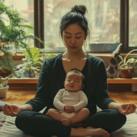 A mother meditating with her baby in her lap