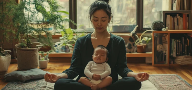 A mother meditating with her baby in her lap