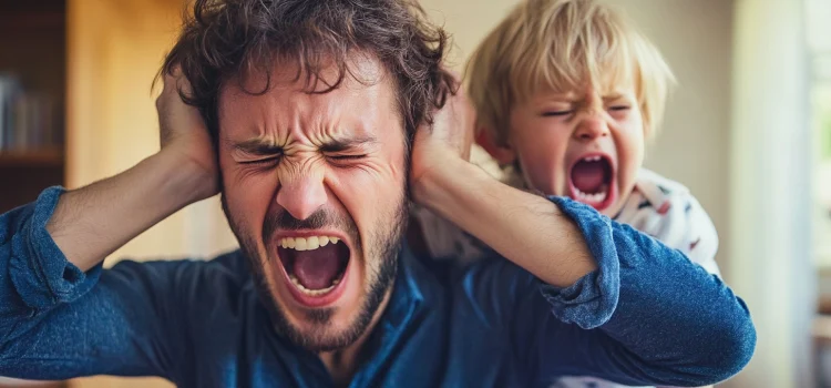 A dad holding his ears from a parenting trigger: his child screaming in his ear