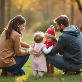 Father, mother, and two toddlers in a grassy area during autumn illustrate Alfred Adler's parenting psychology