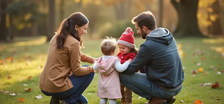 Father, mother, and two toddlers in a grassy area during autumn illustrate Alfred Adler's parenting psychology