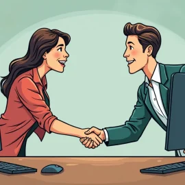 A cartoon of a woman and man shaking hands in an office depicts Russell Brunson's affiliate army and marketing strategy