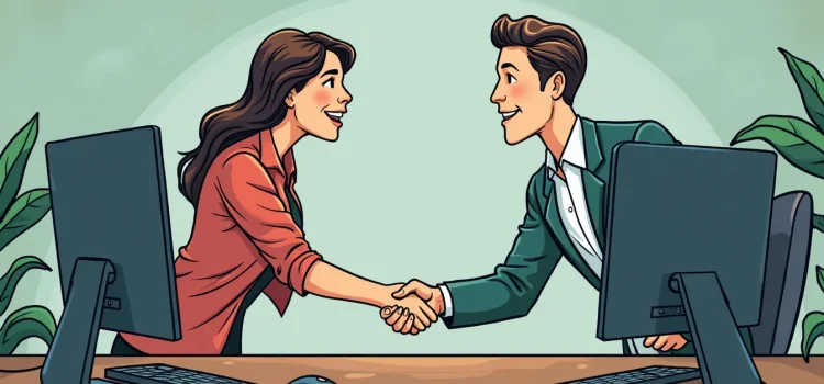 A cartoon of a woman and man shaking hands in an office depicts Russell Brunson's affiliate army and marketing strategy