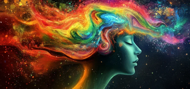 A profile of a person's head with the universe in the background, colors are flowing through the head to signify where creativity comes from.