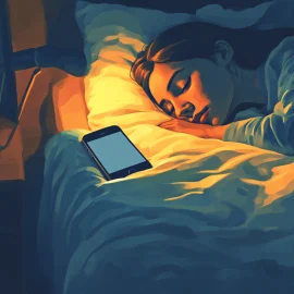 A woman sleeping next to her phone in bed, trying to use healthy sleep habits