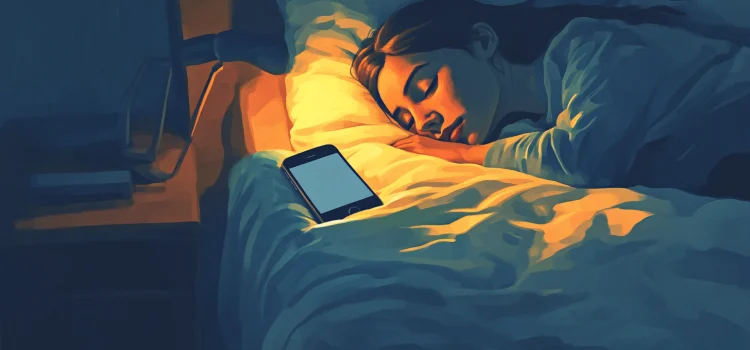 A woman sleeping next to her phone in bed, trying to use healthy sleep habits