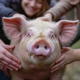 A group of people petting a pig, showing how animals can improve your social life