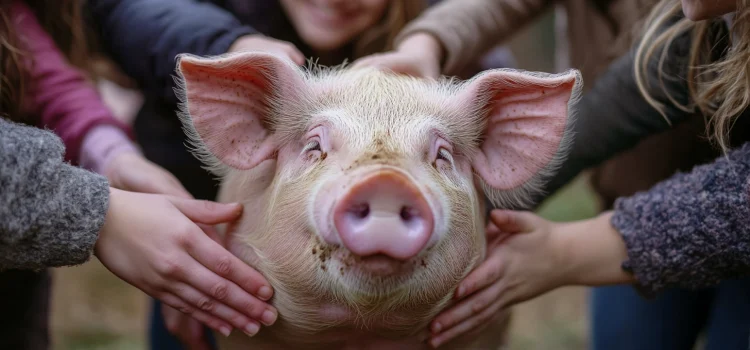 A group of people petting a pig, showing how animals can improve your social life