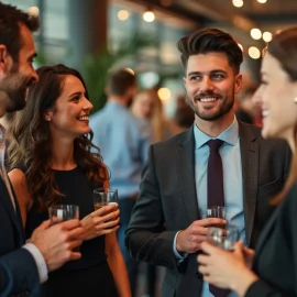 Four people at a career networking event talking and holding drinks illustrate how to build a professional network