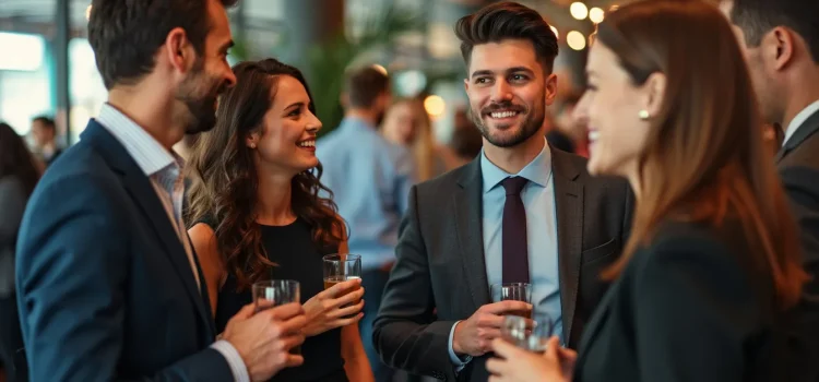 Four people at a career networking event talking and holding drinks illustrate how to build a professional network