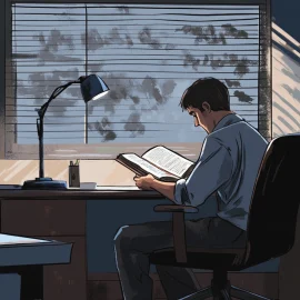 A man reading a book in an office lit by a desk lamp