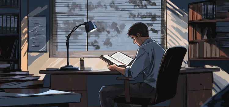 A man reading a book in an office lit by a desk lamp