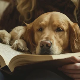 A woman reading a book with a dog in her lap