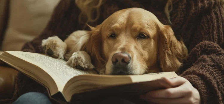 A woman reading a book with a dog in her lap