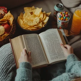 A woman reading a book on a couch with an array of ultra-processed snacks around her, such as chips and soda