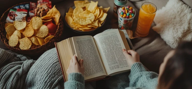 A woman reading a book on a couch with an array of ultra-processed snacks around her, such as chips and soda