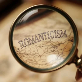 A magnifying glass magnifying the word "ROMANTICISM" illustrates a critique of romanticism