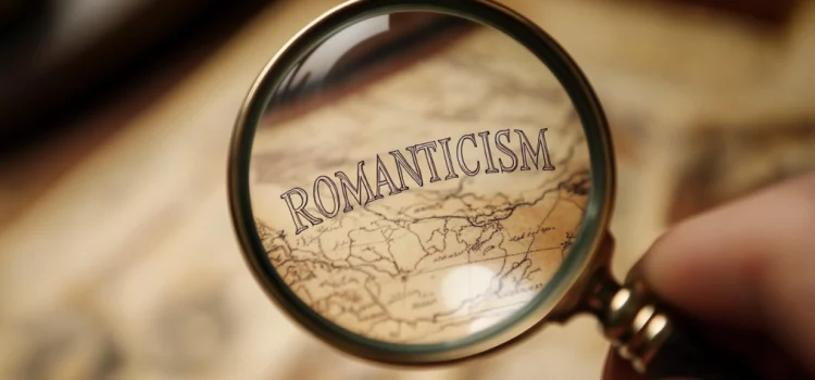 A magnifying glass magnifying the word "ROMANTICISM" illustrates a critique of romanticism