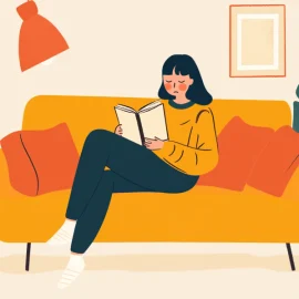 A cartoon depiction of a sad girl reading a book on a couch with plants near her