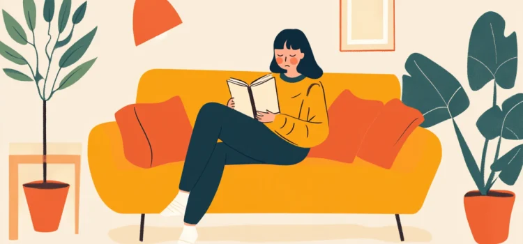 A cartoon depiction of a sad girl reading a book on a couch with plants near her