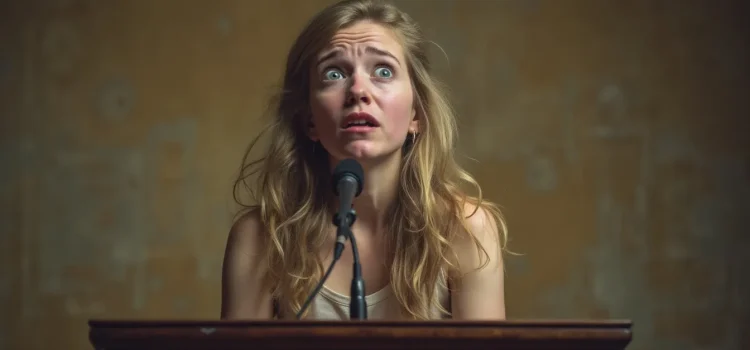 A woman at a podium with a scared look on her face illustrates the question, "What causes the fear of public speaking?"