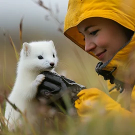 A scientist in a yellow jacket studying a white ermine in a field, showing what we can learn from animals